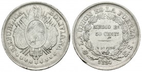 Bolivia. 50 céntimos. 1894. Potosí. ES. (Km-161.5). Ag. 11,48 g. Golpecito en canto. MBC+. Est...20,00.
