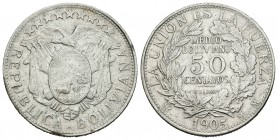 Bolivia. 50 centavos (1/2 boliviano). 1904. Potosí. MM. (Km-175.1). Ag. 11,39 g. MBC+. Est...25,00.