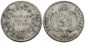 Bolivia. 1 boliviano. 1866. Potosí. (Km-152.1). Ag. 25,19 g. MBC+. Est...50,00.