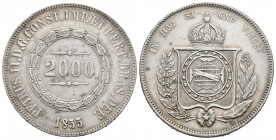 Brasil. Pedro II. 2000 reis. 1855. (Km-466). Ag. 25,40 g. Golpecito en canto. MBC+. Est...35,00.