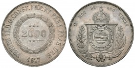 Brasil. Pedro II. 2000 reis. 1857. (Km-466). Ag. 25,39 g. EBC-/EBC. Est...65,00.