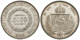 Brasil. Pedro II. 2.000 reis. 1865. (Km-466). Ag. 24,51 g. Atractiva. EBC. Est...45,00.