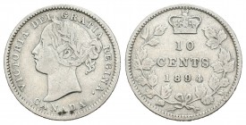Canadá. Victoria. 10 céntimos. 1894. (Km-3). Ag. 2,25 g. Escasa. BC+. Est...30,00.