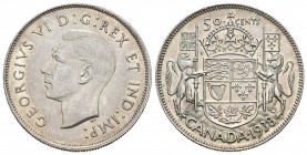 Canadá. George V. 50 centavos. 1938. (Km-36). Ag. 11,67 g. Restos de brillo original. Escasa. EBC+. Est...40,00.
