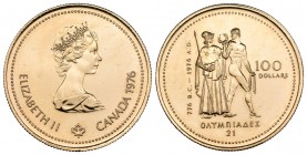 Canadá. Elizabeth II. 100 dollars. 1976. (Km-115). (Fr-6). Au. 13,30 g. Olimpiadas de Montreal 1976. SC. Est...320,00.