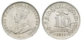 Ceylan. George V. 10 céntimos. 1911. (Km-104). Ag. 1,16 g. SC-. Est...20,00.