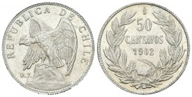 Chile. 50 centavos. 1902. Santiago. (Km-160). Ag. 9,96 g. Brillo original. EBC. Est...30,00.