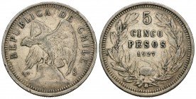 Chile. 5 pesos. 1927. Santiago. (Km-173.1). Ag. 24,88 g. MBC/MBC-. Est...30,00.
