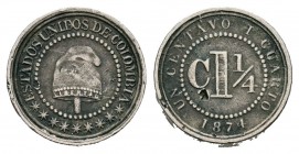 Colombia. 1/4 centavo. 1874. (Km-173). Ag. 1,51 g. Golpes. MBC+. Est...20,00.
