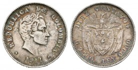 Colombia. 10 centavos. 1911. (Km-196.1). Ag. 2,49 g. EBC-. Est...25,00.