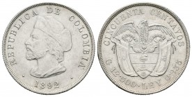 Colombia. 50 centavos. 1892. (Km-187.2). Ag. 12,51 g. Leves golpecitos. EBC. Est...30,00.