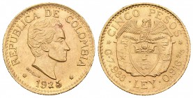 Colombia. 5 pesos. 1925. Medellín. (Km-204). (Fr-115). Au. 7,96 g. SC-. Est...200,00.