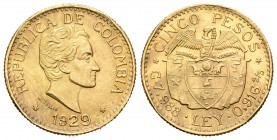 Colombia. 5 pesos. 1929. Medellín. (Km-204). (Fr-115). Au. 7,99 g. Golpecitos en el canto. EBC. Est...200,00.