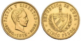 Cuba. 5 pesos. 1915. (Km-19). Au. 8,36 g. EBC+. Est...275,00.