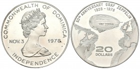 Dominica. Elizabeth II. 20 dollars. 1978. (Km-13.1). Ag. 40,77 g. COMMONWEALTH OF DOMINICA. 50º aniversario del Graf Zeppelin. SC. Est...35,00.