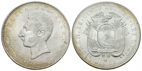 Ecuador. 5 sucres. 1944. México. (Km-79). Ag. 23,25 g. Marcas. SC-. Est...40,00.