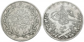 Egipto. Abdul Hammid II. 20 qirsh. 1293/22 H (1896). Berlín. W. (Km-296). Ag. 27,45 g. Golpecitos. MBC-. Est...40,00.