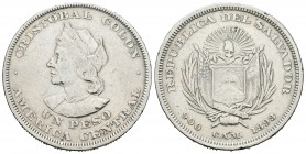 El Salvador. 1 peso. 1893. CAM. (Km-115.1). Ag. 24,86 g. Cristóbal Colón. Golpecitos en el canto. MBC-. Est...25,00.