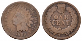 Estados Unidos. 1 cent. 1869. Philadelphia. (Km-90a). Ae. 2,80 g. Muy escasa. BC. Est...65,00.