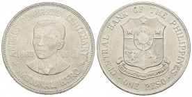 Filipinas. 1 peso. 1963. (Km-193). Ag. 26,71 g. Centenario de Andrés Bonifacio, héroe nacional. SC-. Est...18,00.