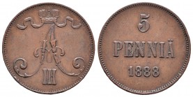 Finlandia. Alexander III. 5 pennia. 1888. (Km-11). (Bitkin-246). Ae. 6,29 g. MBC+. Est...30,00.