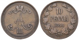 Finlandia. Alexander III. 10 pennia. 1890. (Km-12). Ae. 12,60 g. Rayas. MBC-. Est...12,00.