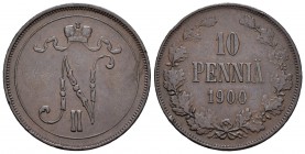 Finlandia. Nicholas II. 10 pennia. 1900. (Km-14). (Bitkin-428). Ag. 12,80 g. Golpecitos en el canto. MBC+. Est...30,00.