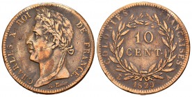 Francia. Charles X. 10 céntimos. 1829. París. A. (Km-11.1). Ae. 19,85 g. Barnizada. MBC. Est...20,00.