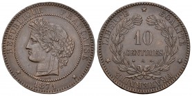 Francia. III República. 10 centimes. 1871. París. A. (Km-815.1). (Gag-265). Ae. 9,85 g. EBC. Est...50,00.