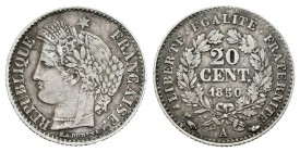 Francia. II República. 20 céntimos. 1850. París. A. (Km-758.1). Ag. 0,97 g. MBC. Est...18,00.