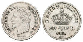Francia. Napoleón III. 20 centimes. 1867. Estrasburgo. BB. (Km-80.2). Ag. 0,99 g. MBC+. Est...18,00.