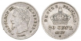 Francia. Napoleón III. 20 céntimos. 1867. Strasbourg. BB. (Km-808.2). (Gad-309). Ag. 1,01 g. MBC+. Est...20,00.