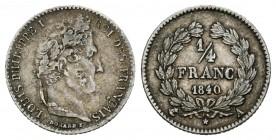 Francia. Louis Philippe I. 1/4 franco. 1840. París. A. (Km-740.1). (Gad-355). Ag. 1,24 g. MBC-/MBC. Est...15,00.