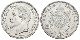 Francia. Napoleón III. 2 francos. 1869. París. A. (Km-807.1). (Gad-527). Ag. 10,03 g. Golpe en canto y raya en anverso. EBC-. Est...70,00.