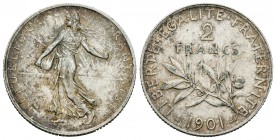 Francia. III República. 2 francos. 1901. (Km-845.1). (Gad-532). Ag. 10,00 g. EBC. Est...40,00.