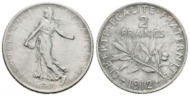Francia. III República. 2 francos. 1912. (Km-845.1). (Gad-532). Ag. 10,00 g. EBC. Est...25,00.