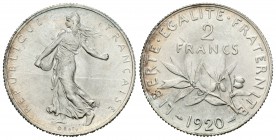 Francia. III República. 2 francos. 1920. (Km-845.1). (Gad-532). Ag. 10,00 g. Brillo original. SC-. Est...45,00.