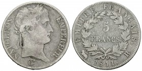Francia. Napoleón Bonaparte. 5 francos. 1811. Rouen. B. (Km-694.2). (Gad-584). Ag. 24,41 g. BC. Est...35,00.