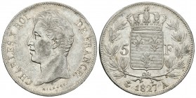 Francia. Charles X. 5 francos. 1827. París. A. (Km-728.1). (Gad-644). Ag. 24,97 g. MBC+. Est...50,00.