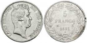 Francia. Louis Philippe I. 5 francos. 1831. Bayonne. M. (Km-735.9). (Gad-676). Ag. 24,97 g. Limpiada. Golpes. MBC. Est...35,00.