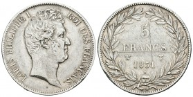 Francia. Louis Philippe I. 5 francos. 1831. Lille. W. (Km-745.13). (Gad-676). Ag. 24,89 g. Rayas en anverso. MBC+. Est...40,00.
