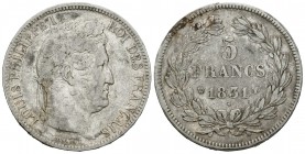 Francia. Louis Philippe I. 5 francos. 1831. Lille. W. (Km-735.13). (Gad-679). Ag. 24,75 g. BC+. Est...18,00.