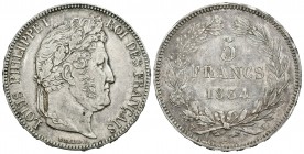 Francia. Louis Philippe I. 5 francos. 1834. Lille. W. (Km-749.13). (Gad-678). Ag. 24,71 g. EBC-. Est...40,00.