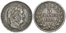 Francia. Louis Philippe I. 5 francos. 1839. París. A. (Km-749.1). (Gad-678). Ag. 24,89 g. Golpecito en el canto. MBC+. Est...45,00.