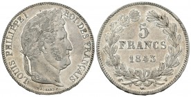 Francia. Louis Philippe I. 5 francos. 1843. Lille. W. (Km-749.13). (Gad-678). Ae. 24,96 g. Restos de brillo original. EBC-. Est...60,00.
