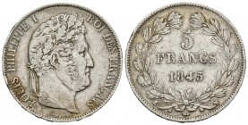 Francia. Louis Philippe I. 5 francos. 1845. Lille. W. (Km-749.13). (Gad-678a). Ag. 24,92 g. MBC. Est...35,00.