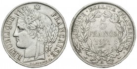 Francia. II República. 5 francos. 1851. París. A. (Km-761.1). (Gad-678). Ag. 24,76 g. Limpiada. MBC+. Est...30,00.