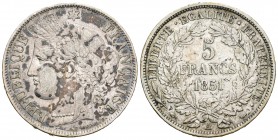 Francia. II República. 5 francos. 1851. París. A. (Km-761.1). (Gad-719). Ag. 24,77 g. Pátina irregular. MBC+. Est...30,00.