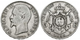 Francia. Napoleón III. 5 francos. 1856. París. A. (Km-782.1). (Gad-734). Ag. 24,61 g. BC+. Est...25,00.