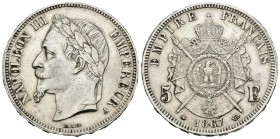 Francia. Napoleón III. 5 francos. 1867. París. A. (Km-799.1). (Gad-739). Ag. 24,91 g. Limpiada. EBC. Est...60,00.